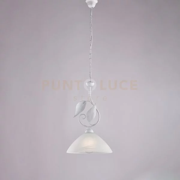 Lampadario in ferro laccato bianco con decorazione argento antico e