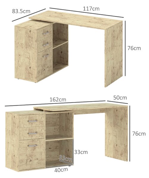 HOMCOM Scrivania Angolare per PC con 3 Cassetti e Ripiani Aperti, in Legno e Metallo, 117x83.5x76 cm, Noce