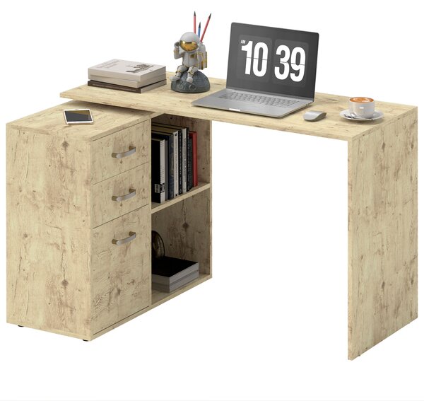 HOMCOM Scrivania Angolare per PC con 3 Cassetti e Ripiani Aperti, in Legno e Metallo, 117x83.5x76 cm, Noce