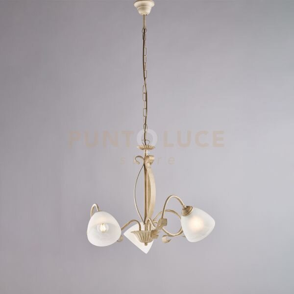 Lampadario in ferro laccato avorio con decorazione oro antico e dif