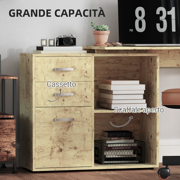 HOMCOM Scrivania Angolare per PC con 3 Cassetti e Ripiani Aperti, in Legno e Metallo, 117x83.5x76 cm, Noce