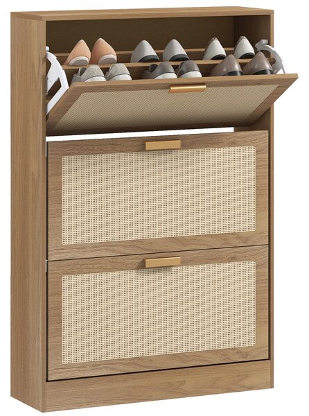 HOMCOM Mobile Scarpiera per 18 Paia di Scarpe con 3 Cassetti Ribaltabili in Legno e Rattan, 80x25x120 cm, Marrone