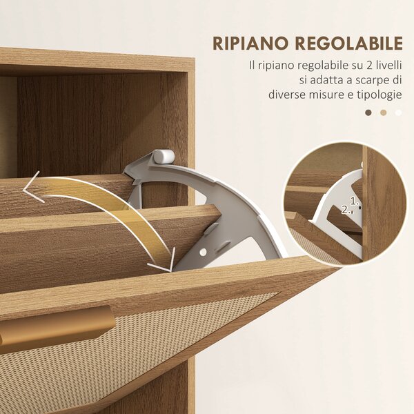 HOMCOM Mobile Scarpiera per 18 Paia di Scarpe con 3 Cassetti Ribaltabili in Legno e Rattan, 80x25x120 cm, Marrone