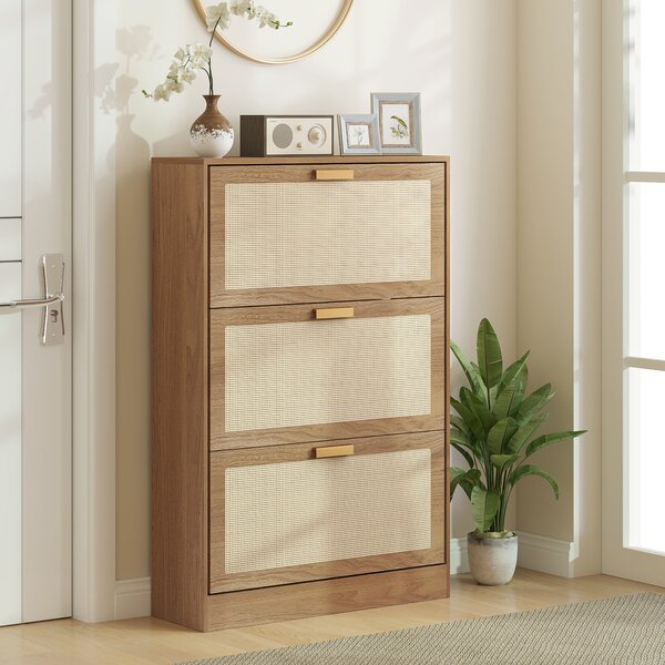 HOMCOM Mobile Scarpiera per 18 Paia di Scarpe con 3 Cassetti Ribaltabili in Legno e Rattan, 80x25x120 cm, Marrone