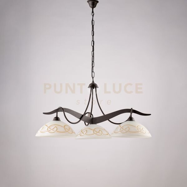Lampadario in ferro laccato nero con decorazione effetto ruggine e 