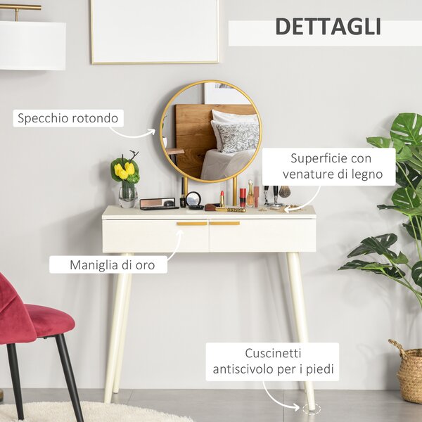 HOMCOM Tavolo Trucco con Specchio e 2 Cassetti per Accessori, in Legno, 80x40x123 cm, Bianco