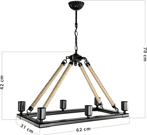 DecHome Plafoniera da Soffitto Stile Moderno in Metallo Verniciato a 6 Luci Rettangolari Attacco E27 Forma Base Rettangolare Dimensioni 62x31x70 cm
