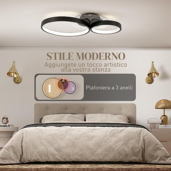 DecHome Plafoniera LED Moderna a 3 Anelli con Luminosit Regolabile Potenza 40W colore Nero