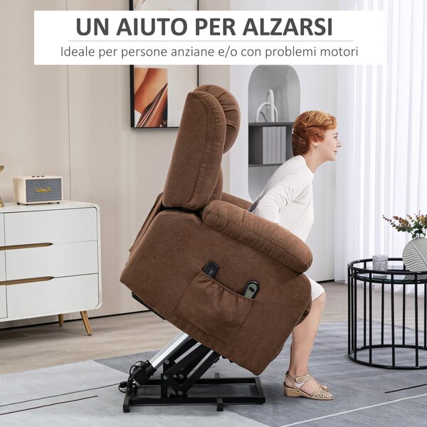 HOMCOM Poltrona Relax Massaggiante con Telecomando e Tasche, Sedia Alzapersona con Schienale Reclinabile a 135° e Poggiapiedi, Marrone | Aosom Italy