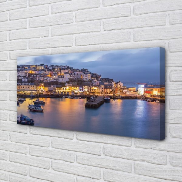 Foto quadro su tela City at Night Sea Ship 100x50 cm