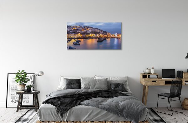 Foto quadro su tela City at Night Sea Ship 100x50 cm