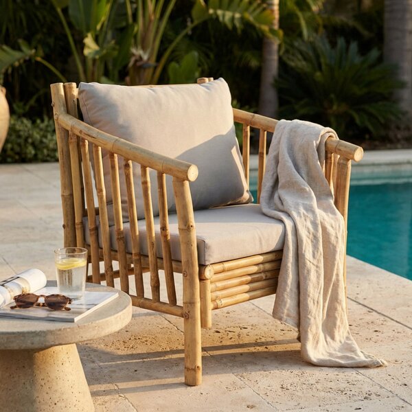 VivaGarden Poltrona da Esterno in Bamboo Dimensioni 70x70x80 cm colore Naturale con Cuscino - Borough