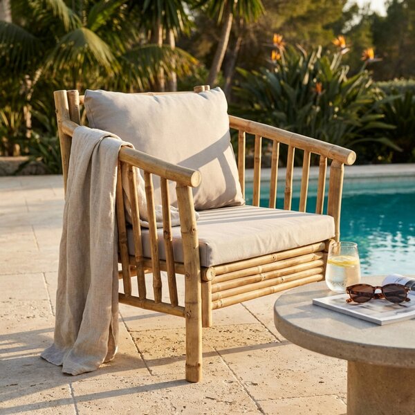 VivaGarden Poltrona da Esterno in Bamboo Dimensioni 70x70x80 cm colore Naturale con Cuscino - Borough