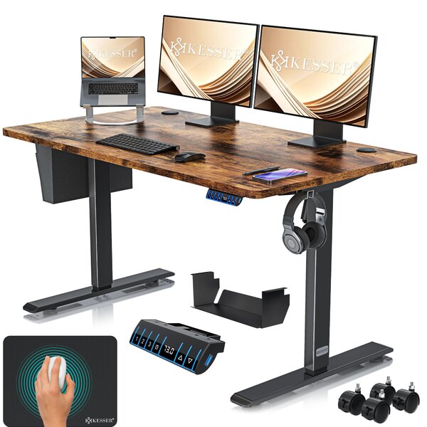 Scrivania KESSER® elettrica e regolabile in altezza, scrivania per computer ergonomica per lavorare in piedi o seduti, 3 impostazioni di memoria, rotelle a 360°, porta di ricarica USB, 140x70 cm, marrone
