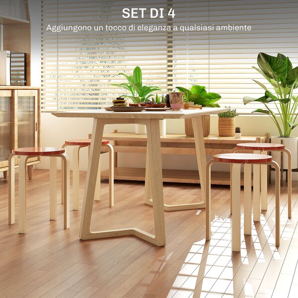 HOMCOM Set 4 Sgabelli Impilabili Rotondi e Moderni per Cucina e Bar in Legno, Ø40x54cm, Rosso e Legno|Aosom