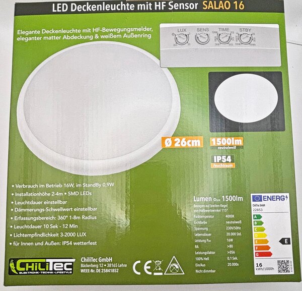 ChiliTec Lampada da soffitto a LED 16W con sensore HF