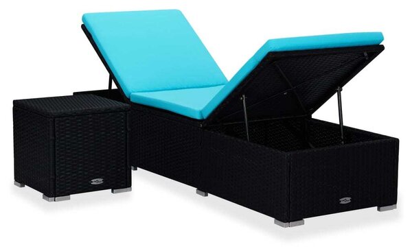 Lettino Prendisole con Cuscino e Tavolino in Polyrattan Blu