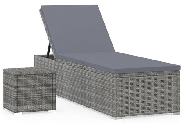 Lettino Prendisole con Cuscino e Tavolino in Polyrattan Grigio