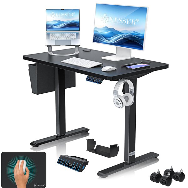 Scrivania KESSER® elettrica e regolabile in altezza, scrivania per computer ergonomica per lavorare in piedi o seduti, 3 impostazioni di memoria, rotelle a 360°, porta di ricarica USB, 100x60 cm, nera