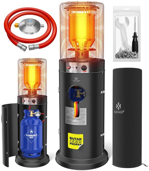 Riscaldatore a gas KESSER® KE12, fungo riscaldante per terrazza, riscaldatore da terrazza, riscaldatore a gas da esterno, 10 kW, riscaldatore a gas, radiatore termico, apparecchio di riscaldamento - con copertura protettiva inclusa
