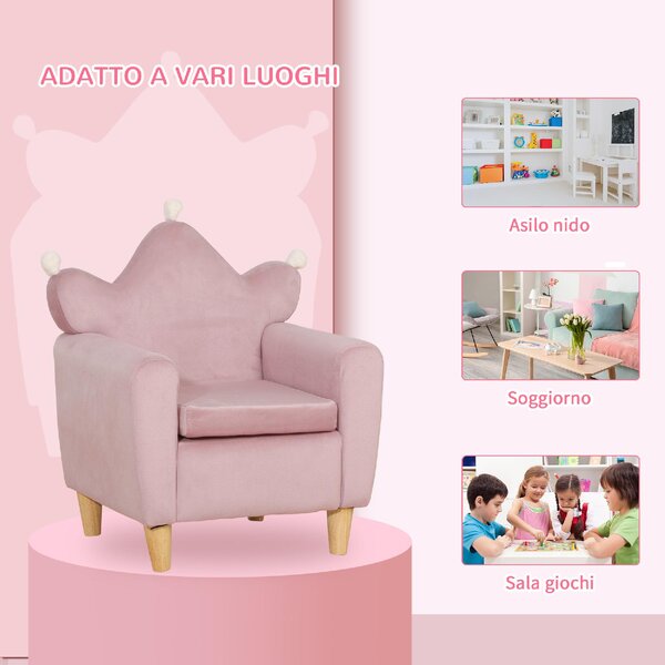 DecHome Poltrona per Bambini in Tessuto Effetto Velluto Rosa con Schienale a Corona, 50.2x41.9x57.8 cm