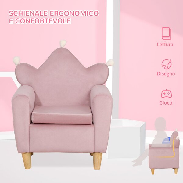 DecHome Poltrona per Bambini in Tessuto Effetto Velluto Rosa con Schienale a Corona, 50.2x41.9x57.8 cm