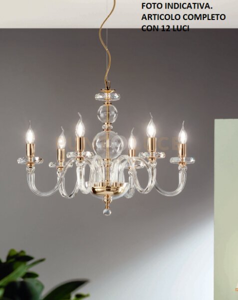 Lampadario bach 12 luci cristallo e finitura oro attacco e14