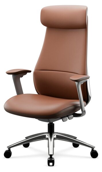 Sedia da ufficio, sedia da scrivania, sedia ergonomica girevole, poltrona da ufficio in pelle, modello COMMAND, colore marrone, design di Jan Nowak
