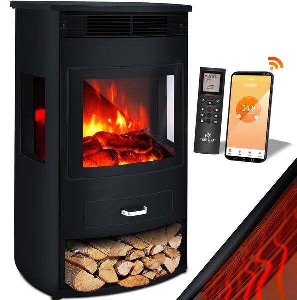 KESSER® Prio: caminetto elettrico con riscaldamento, ventilatore, telecomando, app WiFi, 950/1900 W, effetto fiamma LED, caminetto elettrico con termostato, finestra panoramica, funzione di riscaldamento, timer