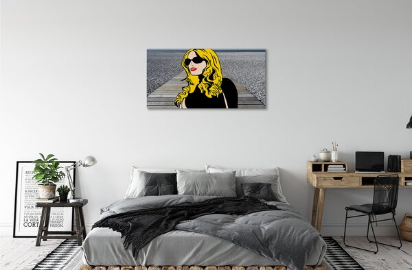 Quadro su tela Donna Black Glasses Labbra rosse 100x50 cm