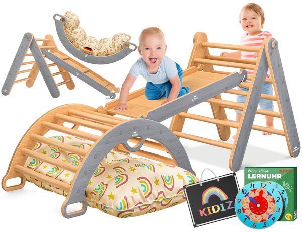 KIDIZ® Struttura per arrampicata Montessori a triangolo, set da gioco 7 in 1 in legno, parco giochi da interno per bambini da 1 a 3 anni, con cuscini, lavagna e orologio didattico inclusi