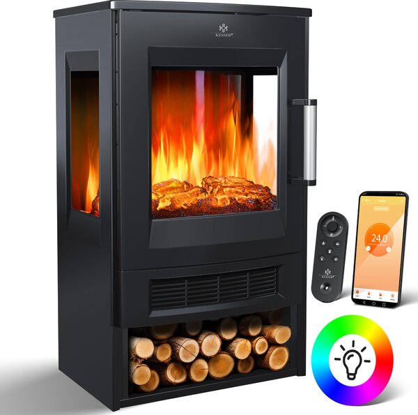 Camino elettrico KESSER® con riscaldamento, vetro panoramico, ventilatore, effetto fiamma a 9 LED, modalità colore, telecomando, app WiFi, 900/1800 W. Camino elettrico con termostato, funzione di riscaldamento e timer