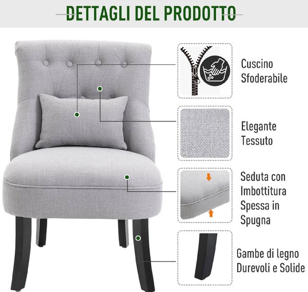 DecHome Poltrona Vintage in Tessuto effetto Lino Dimensioni 52,5x69x77 colore Grigio Chiaro