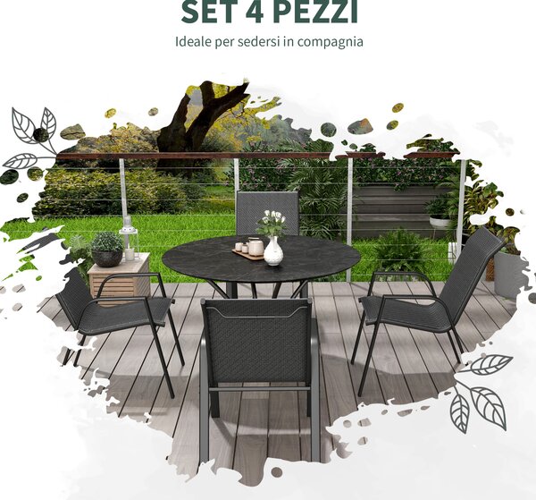 Outsunny Set 4 Sedie da Giardino Impilabili con Braccioli in Rattan PE e Acciaio, Grigio|Aosom