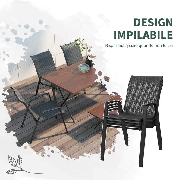 Outsunny Set 4 Sedie da Giardino Impilabili con Braccioli in Rattan PE e Acciaio, Grigio|Aosom