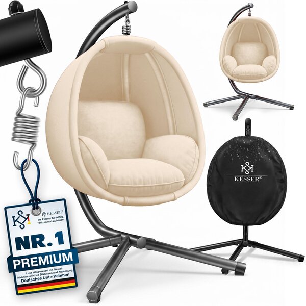 KESSER® Luxe: poltrona sospesa con struttura + morbido cuscino di seduta, imbottitura laterale, cuscini per seduta e schienale; cesto sospeso per interni ed esterni, dondolo da giardino, poltrona sospesa con base stabile, max. 150 kg