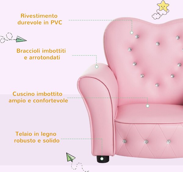 DecHome Poltroncina per Bambini Imbottita Poltrona per cameretta con Rivestimento in PVC e Struttura in Legno 59x41.5x49cm Rosa