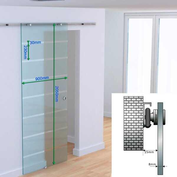 Brugel Porta Scorrevole con Binario In Alluminio In Vetro Satinato con Strisce Trasparenti 90x205x0.8 cm - B70005