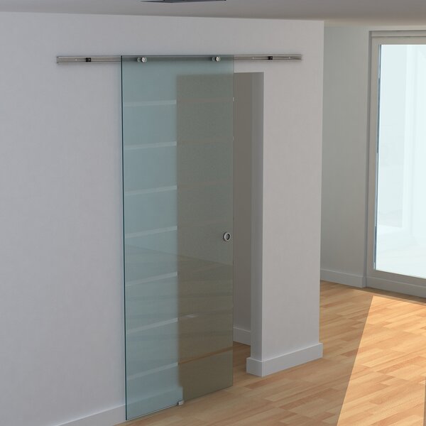 Brugel Porta Scorrevole con Binario In Alluminio In Vetro Satinato con Strisce Trasparenti 90x205x0.8 cm - B70005