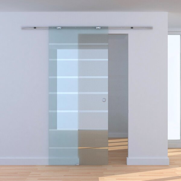 Brugel Porta Scorrevole con Binario In Alluminio In Vetro Satinato con Strisce Trasparenti 90x205x0.8 cm - B70005