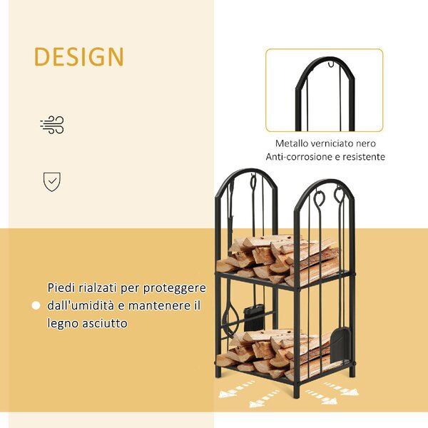 DecHome Portalegna a 2 Ripiani in Metallo con Paletta, Scopa, Attizzatoio e Pinza 41.5x32.5x74.5 cm colore Nero - 06A702F
