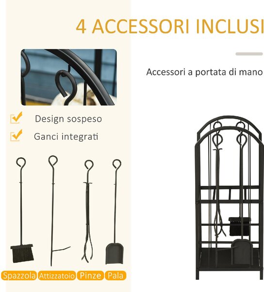 DecHome Portalegna a 2 Ripiani in Metallo con Paletta, Scopa, Attizzatoio e Pinza 41.5x32.5x74.5 cm colore Nero - 06A702F