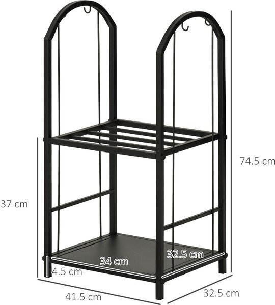 DecHome Portalegna a 2 Ripiani in Metallo con Paletta, Scopa, Attizzatoio e Pinza 41.5x32.5x74.5 cm colore Nero - 06A702F