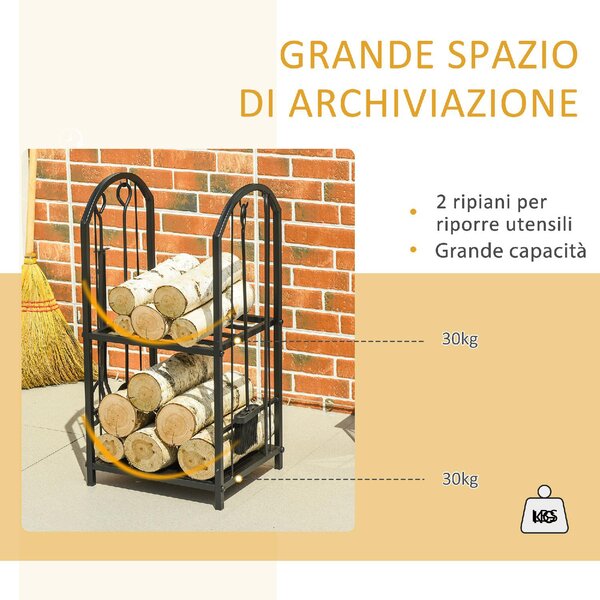 DecHome Portalegna a 2 Ripiani in Metallo con Paletta, Scopa, Attizzatoio e Pinza 41.5x32.5x74.5 cm colore Nero - 06A702F