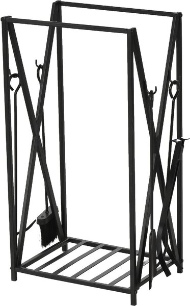 DecHome Portalegna da Interno ed Esterno in Acciaio Porta Legna per Camino con Attizzatoio Paletta Scopino Pinza 46x30x76cm Nero - 818DH61