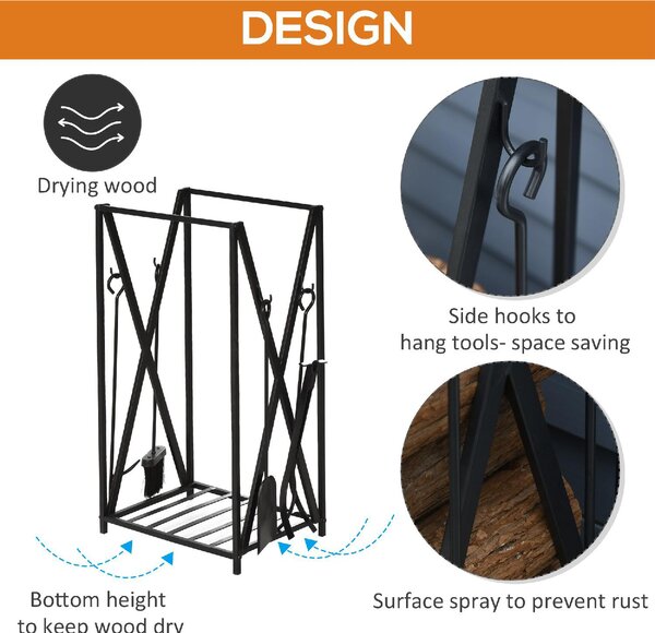 DecHome Portalegna da Interno ed Esterno in Acciaio Porta Legna per Camino con Attizzatoio Paletta Scopino Pinza 46x30x76cm Nero - 818DH61