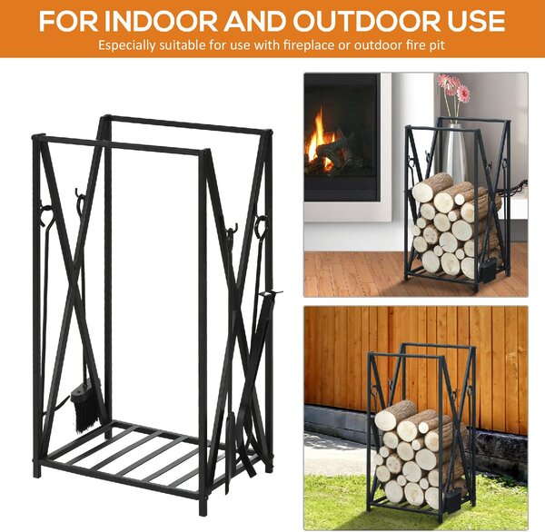 DecHome Portalegna da Interno ed Esterno in Acciaio Porta Legna per Camino con Attizzatoio Paletta Scopino Pinza 46x30x76cm Nero - 818DH61