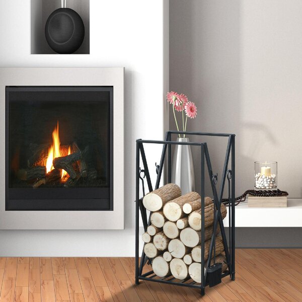 DecHome Portalegna da Interno ed Esterno in Acciaio Porta Legna per Camino con Attizzatoio Paletta Scopino Pinza 46x30x76cm Nero - 818DH61