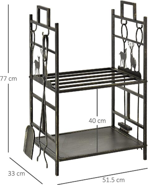 DecHome Portalegna in Ferro Battuto con Attrezzi per Camino e Manici Base Porta Legna Rialzata e Decori 51.5x33x77cm Nero