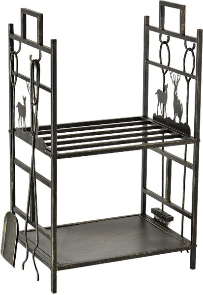 DecHome Portalegna in Ferro Battuto con Attrezzi per Camino e Manici Base Porta Legna Rialzata e Decori 51.5x33x77cm Nero